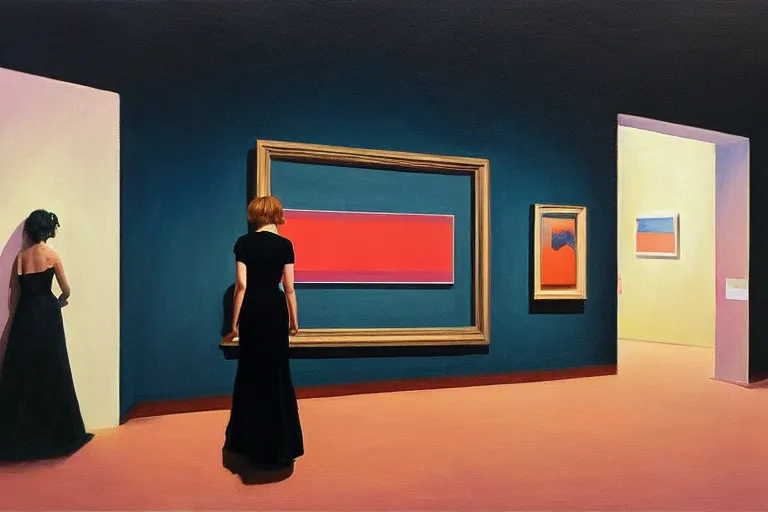 Image similar to a gorgeous woman with a black dress waiting inside a 9 0 s art gallery exhibition, colors americana, cinematic, volumetric lighting, ultra wide angle view, realistic, detailed painting in the style of edward hopper