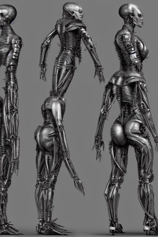 Image similar to cyborg mutant with gunmetal grey skin, medical anatomy, very symmetrical face, highly detailed, japanese mecha implants, three - perspective / three - view reference sheet ( front / back / side ), in the style of dan ouellette, dren from splice, hr giger, sil from species, artstation, unreal engine