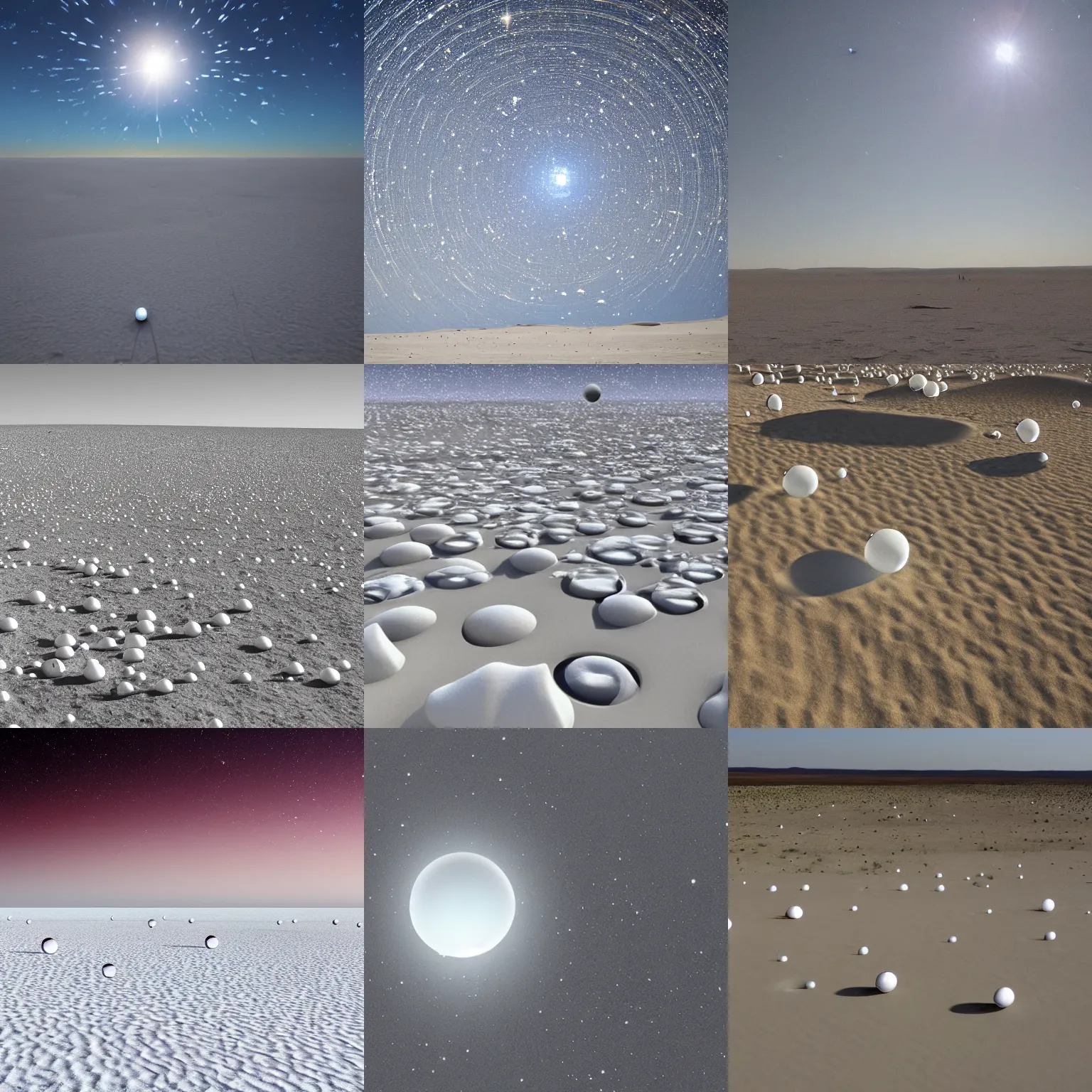 Prompt: of a large white desert filled with glass orbs that each have a universe inside