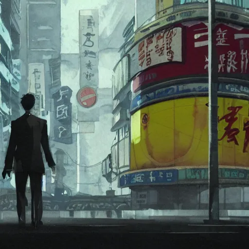 Prompt: incredible wide screenshot, ultrawide, simple watercolor, rough paper texture, ghost in the shell movie scene, back-lit distant shot of phoenix running from a puppet master in tuxedo side view, yellow parasol in deserted dusty shinjuku junk town, broken vending machines, bold graphic graffiti, old pawn shop, bright sun bleached ground, mud, fog, dust, windy, scary robot monster lurks in the background, ghost mask, teeth, animatronic, black smoke, pale beige sky, junk tv, texture, brown mud, dust, tangled overhead wires, telephone pole, dusty, dry, pencil marks, genius party,shinjuku, koji morimoto, katsuya terada, masamune shirow, tatsuyuki tanaka hd, 4k, remaster, dynamic camera angle, deep 3 point perspective, fish eye, dynamic scene