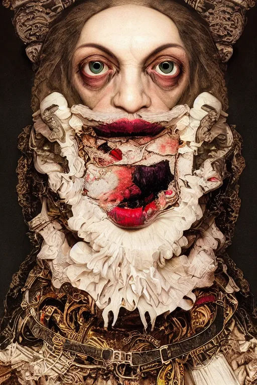 Image similar to Detailed maximalist portrait with large lips and with large white eyes, angry expression, HD mixed media, 3D collage, highly detailed and intricate surrealism, illustration in the style of Caravaggio, dark art, baroque