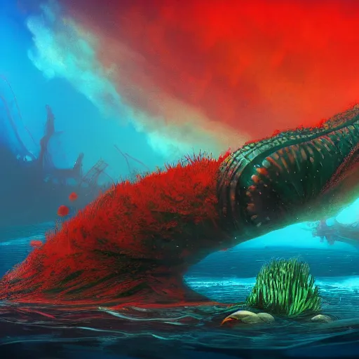 Image similar to underwater view of a strange alien world, some washed out red and green plant life, giant leviathan swimming far in the background, deep blue sea color, artstation