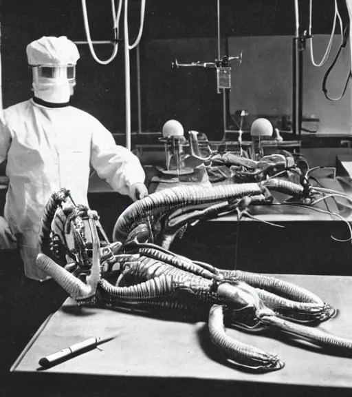 Prompt: Alien lying on an operation table in a lab, photograph from 1890, grainy, high detail, high resolution