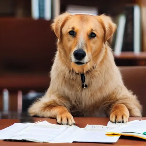 Prompt: dog doing homework instead of eating it