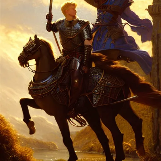 Image similar to attractive arthur pendragon and his favourite attractive male knight, they are in love, camelot, natural lighting, path traced, highly detailed, high quality, digital painting, by gaston bussiere and ross tran and j. c. leyendecker