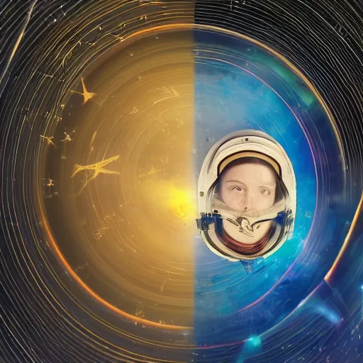 Image similar to double exposure portrait of astronaut and space and time in the the background by davinci, circles, psychedelic, pencil art, high definition, dynamic lighting stars, sharpness, golden ratio