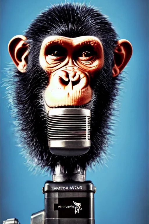 Image similar to a portrait of an anthropomorphic rockstar chimp singing into a microphone on a stand by sandra chevrier, by jon foster, detailed render, tape deck, epic composition, cybernetics, 4 k realistic, cryengine, realistic shaded lighting, sharp focus, masterpiece, by enki bilal