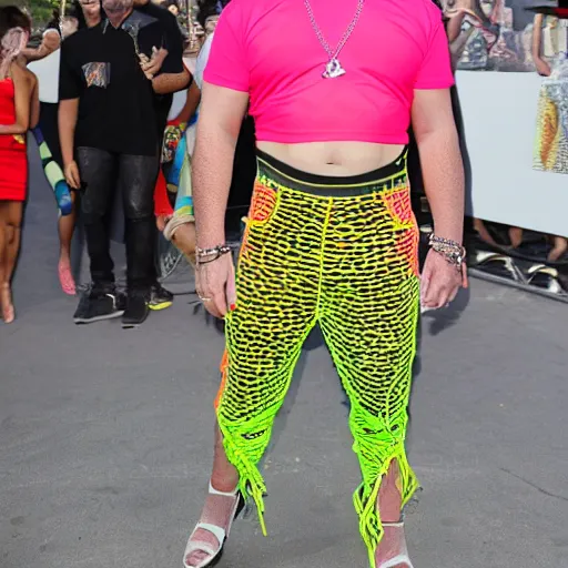 Prompt: guy fieri wearing a neon colored mesh crop top and pit vipers