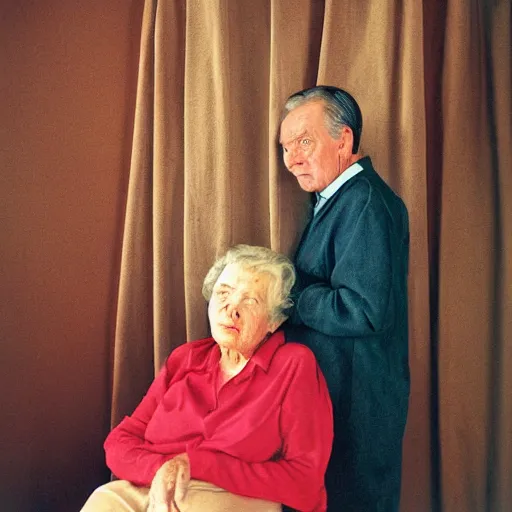 Prompt: a medium shot, colored studio photographic portrait of a old couple, dramatic, from below light, kodachrome camera, kodachrome, with strong reds and greens, 1 9 9 9 photo from life magazine,