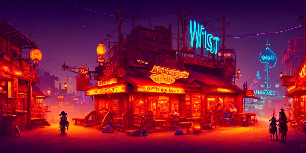 Prompt: A street-level view of a magical wild-west town at night with wooden buildings and colorful neon lights and mesas in the distance; beautiful, dangerous, detailed, best on artstation, cgsociety, wlop, cosmic, epic, stunning, gorgeous, masterpiece