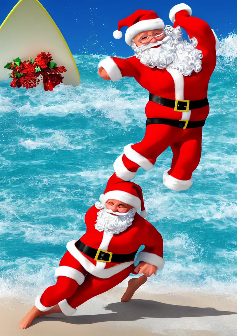 Prompt: 3d rendering of Santa Claus wearing swim suit, surfing on the beach, photo realistic image, super detailed, 4K,cinematic look