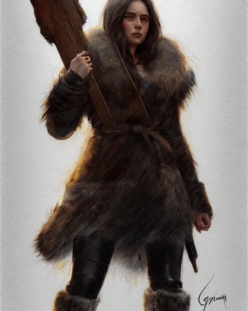 Prompt: a female nordic berserker with bear fur coat | | realistic shaded, fine details, realistic shaded lighting poster by greg rutkowski, magali villeneuve, artgerm, jeremy lipkin and michael garmash and rob rey