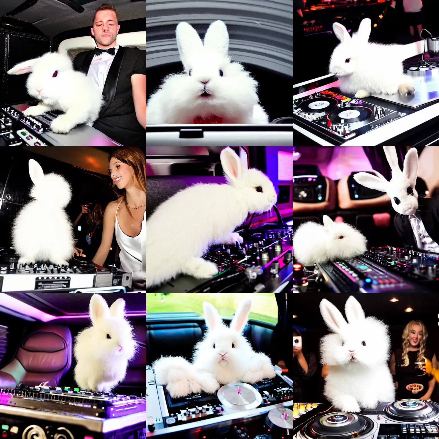 Prompt: super cute fluffy white bunny rabbit in the back of a limo DJing with DJ turntables, photoreal