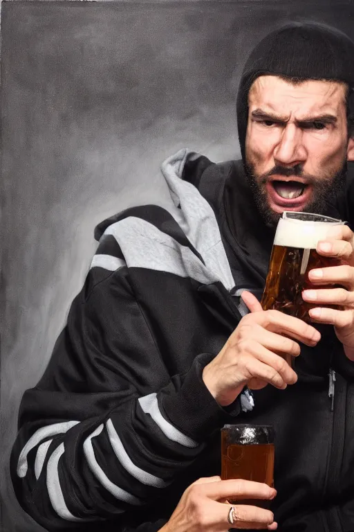 Prompt: drunk angry man in black adidas sportswear jacket holding a beer, expressive beautiful portrait, dark background, ultra detailed, beautiful lighting, painting by Rembrandt