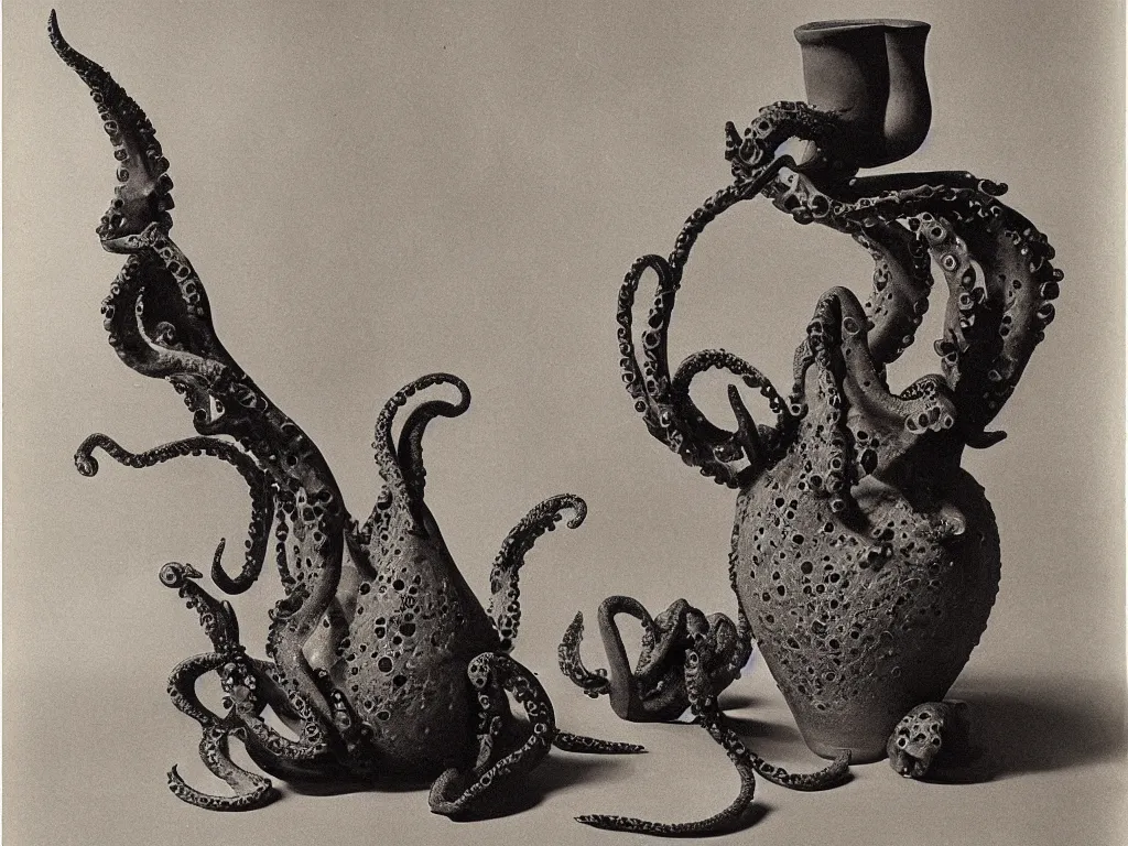 Image similar to flaming gothic stone vase, pot, jug in the shape of octopus. karl blossfeldt, salvador dali