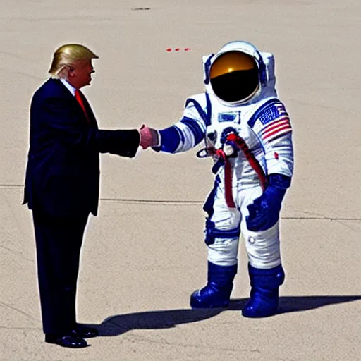 Prompt: donald trump shaking hands with astronaut cat