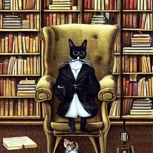 Prompt: a distinguished cat in smoking on armchair with a monocle in a room full of books in surrealistic style