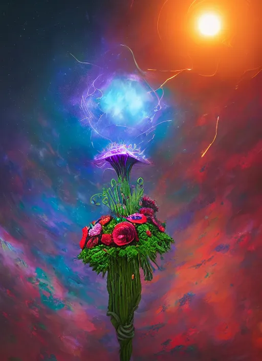 Image similar to An epic fantastic realism comic book style painting of the most beautiful entwined flowers launched across the dark galactic night sky, nebulous bouquets, fisheye lens, unreal 5, DAZ, hyperrealistic, octane render, dynamic lighting