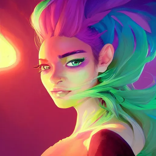 Prompt: portrait of beautiful woman with flaming green hair, maya ali mage, gloomhaven, dynamic lighting, gaudy colors, octane render aesthetic, matte painting concept art, official fanart behance hd artstation by jesper ejsing, by rhads and makoto shinkai and lois van baarle and ilya kuvshinov and rossdraws