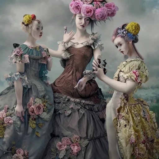 Image similar to 8k, octane render, realism, rococo, baroque, tonalism, renaissance, group of creepy young ladies wearing long harajuku manga dress with flowers and skulls, background chaotic flowers