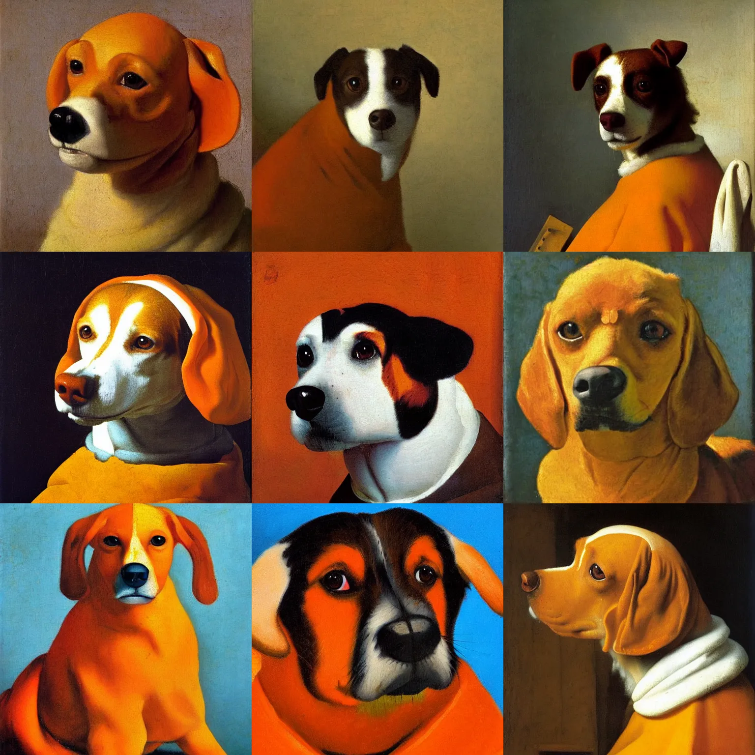 Prompt: a majestic orange and white faced kooiker dog as painted by Vermeer, vibrant colors, oil on canvas,