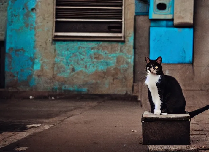 Image similar to photography of a Cat sitting on a box. in a cyberpunk street, award winning photo, colors, 100mm, sharp, high res