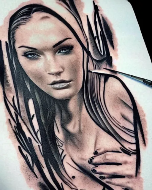 Image similar to double exposure effect tattoo design sketch of megan fox with amazing mountain scenery, realism tattoo, in the style of den yakovlev, amazing detail, sharp