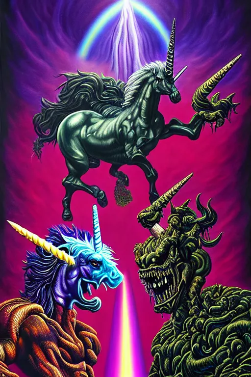 Prompt: a hyperrealistic painting of an epic boss fight against a rainbow shaded unicorn vs an ornate supreme dark overlord, cinematic horror by chris cunningham, lisa frank, richard corben, highly detailed, vivid color,