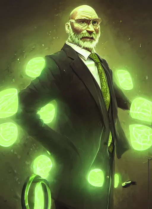 Image similar to a highly detailed illustration of bald old man wearing suit with green glowing eyes, dramatic standing pose, nuclear background, intricate, elegant, highly detailed, centered, digital painting, artstation, concept art, smooth, sharp focus, league of legends concept art, wlop.