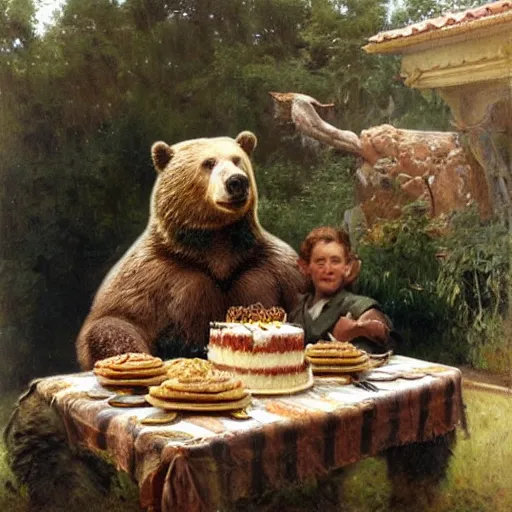 Prompt: polaroid photo of a bear eating cake at his 7 0's birthday at a zoo, highly detailed painting by gaston bussiere, craig mullins, j. c. leyendecker