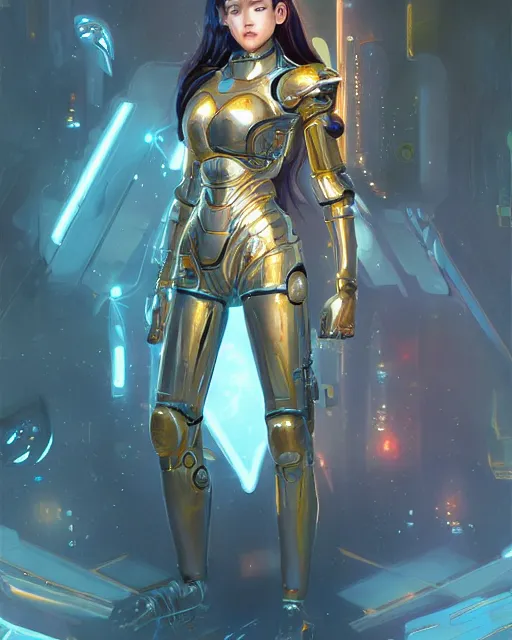 Image similar to holy cyborg girl with golden armor, elegant, scifi, futuristic, utopia, garden, colorful, lee ji - eun, illustration, atmosphere, top lighting, blue eyes, focused, artstation, highly detailed, art by yuhong ding and chengwei pan and serafleur and ina wong