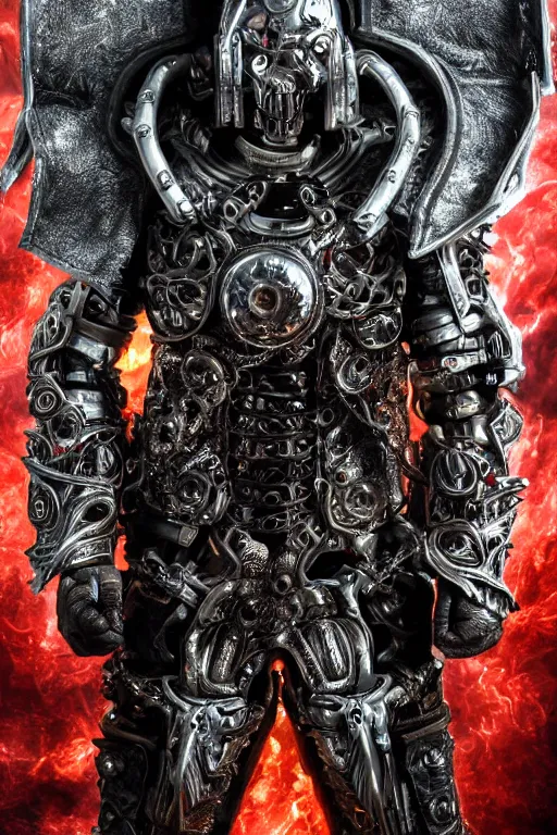 Prompt: a portrait of an ancient cybernetic lich king, dark sci - fi setting, shining chrome and leather, dynamic pose, decay, glowing red eyes, close - up, intricate details, intricately detailed clothing and textures, warm lighting, vivid colors, smoke and mist, hyper realistic octane render, volumetric shading, depth of field, raytracing, 8 k,