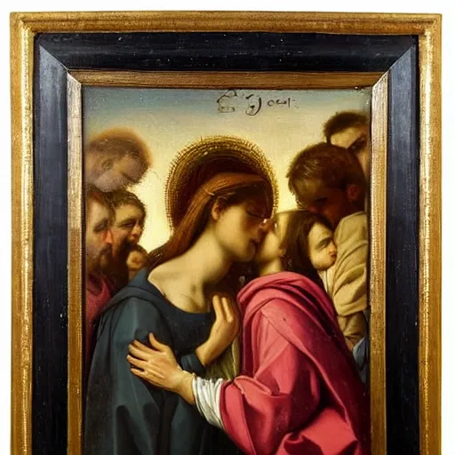 Prompt: an oil panting of a young jesus kissing maria maddalena