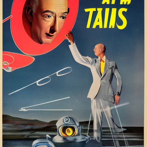 Image similar to 1 9 5 0 s sci - fi movie poster of jeff bezos being abducted by aliens