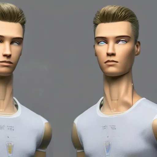 Image similar to a realistic detailed photo of a guy who is an attractive humanoid who is half robot and half humanoid, who is a male android, attractive and handsome soccer players, shiny skin, posing like a statue, blank stare, in a factory, on display, showing off his muscles, wearing soccer shorts, side view, looking at each other mindlessly