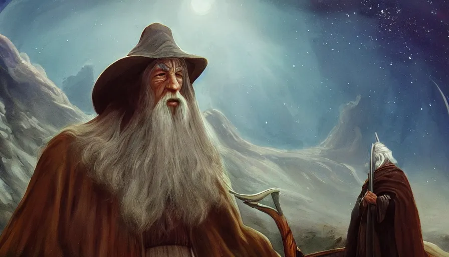 Image similar to a beautiful painting of gandalf on an alien world, ray traced lighting by jean claude mezieres