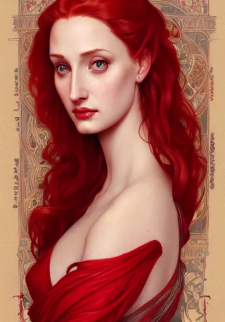 Image similar to sansa angeline jolie gessica chastain in red, intricate, elegant, highly detailed, digital painting, artstation, concept art, smooth, sharp focus, illustration, art by artgerm and greg rutkowski and alphonse mucha and william - adolphe bouguereau