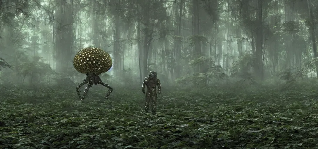 Image similar to an astronaut visiting a complex organic fractal 3 d metallic symbiotic ceramic humanoid megastructure creature in a swampy lush forest, foggy, sun rays, cinematic shot, photo still from movie by denis villeneuve, wayne barlowe