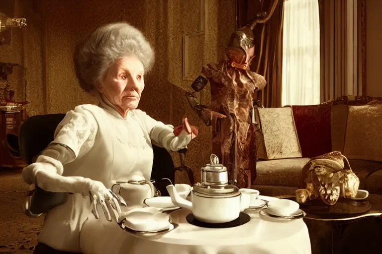 Prompt: VFX movie portrait of old woman served tea by a futuristic butler robot in a decadent living room by Emmanuel Lubezki