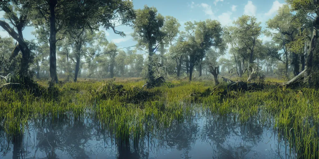 Image similar to a swampy wetland landscape under a sunny blue sky, hyper detailed, digital art, trending in artstation, cinematic lighting, studio quality, smooth render, unreal engine