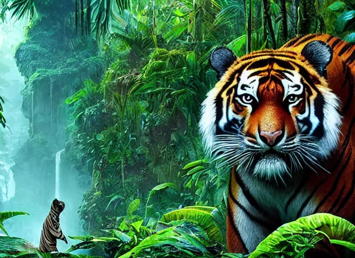 Prompt: a moist and misty jungle, a majestic tiger peeks through the brush, vines swoop in to frame, full color, depth of field, cinematic, digital art in the style of Disney live action the jungle book,