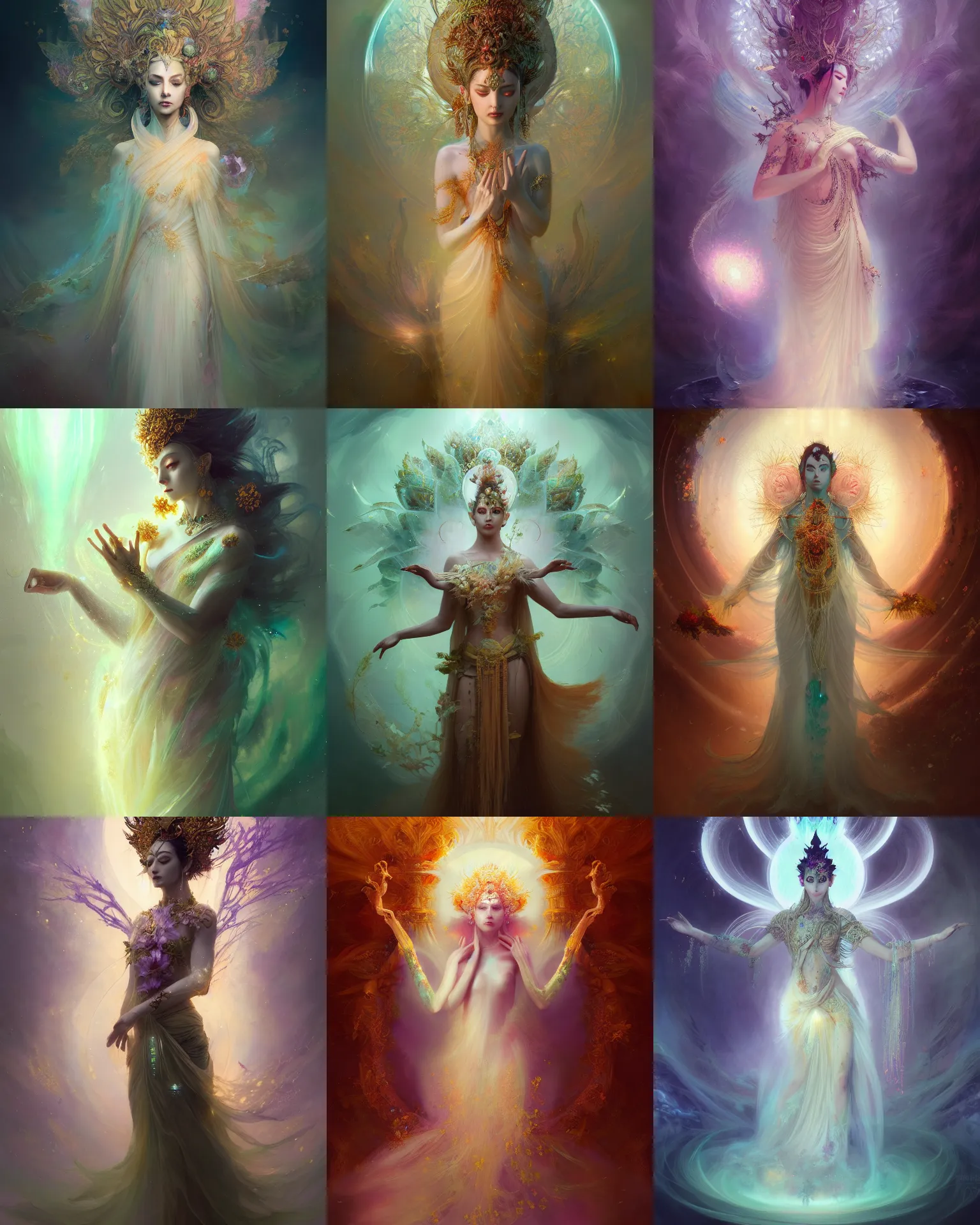 Prompt: Full View Portrait Mystical ethereal lotus deity wearing beautiful dress, lotus Dryad beautiful dress, 4k digital masterpiece by Greg Rutkowski and Ruan Jia and rossdraws, Alberto Seveso, fantasycore, Hyperdetailed, realistic oil on linen, soft lighting, Iconography background, featured on Artstation