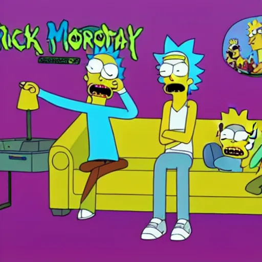 Image similar to Rick & Morty starring in the simpsons couch-gag