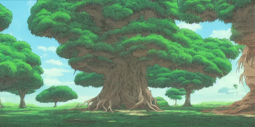 Prompt: landscape with ancient banyan trees, Studio Ghibli, Totoro, anime, illustrated
