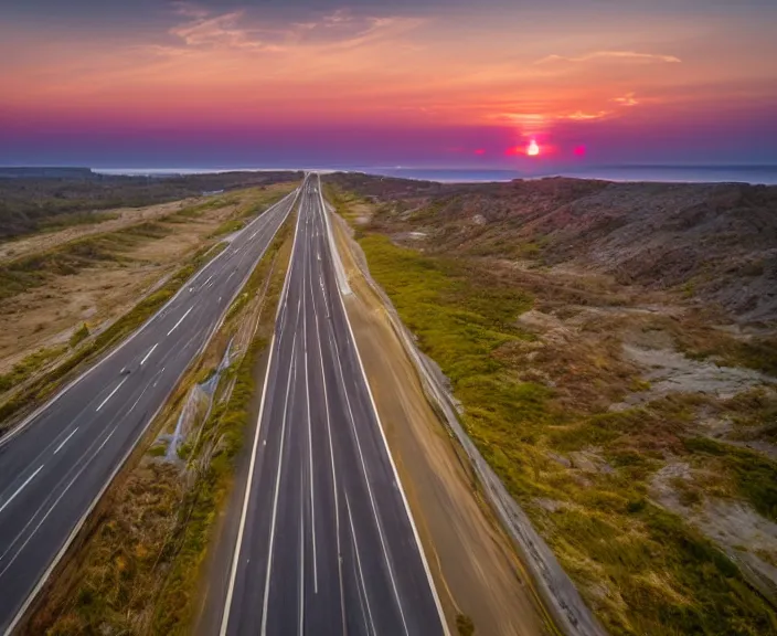 Prompt: 4 k hd, high detail photograph of a highway on the coast at sunset, shot with sigma f / 4. 2, 2 5 0 mm sharp lens, wide shot, consistent, isometric view, volumetric lighting, high level texture render