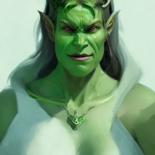 Image similar to character portrait of a green orc female, light green tone beautiful face by greg rutkowski, trending on artstation
