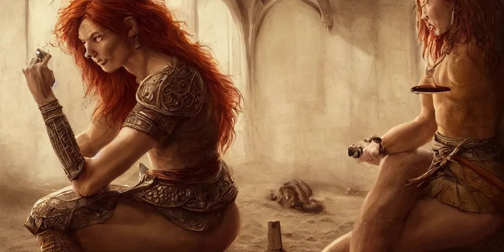 Prompt: ginger woman with problems, sitting and drinking in an ancien tavern and playing with a knife, attractive, warrior, strong body, action pose, ancient, sand, emerald, intricate, highly detailed, digital painting, artstation, concept art, smooth, sharp focus, illustration, Unreal Engine 5, 8K, art by artgerm and greg rutkowski and alphonse mucha