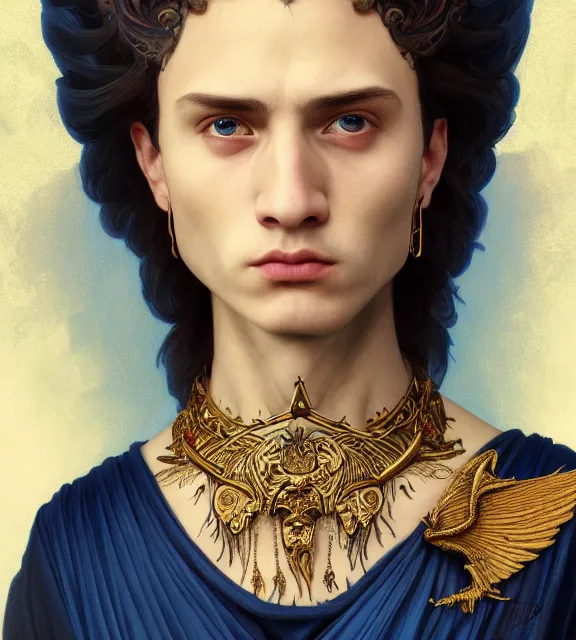 Prompt: god of death, young man, in the underworld, elegant dark blue dress, very detailed, throne, very intricate details, jewelry, gold line tattoos, elaborate long hairstyle, wings, cinematic, artstation, william bouguereau, alphonse mucha, greg rutkowski, rossdraws, octane render