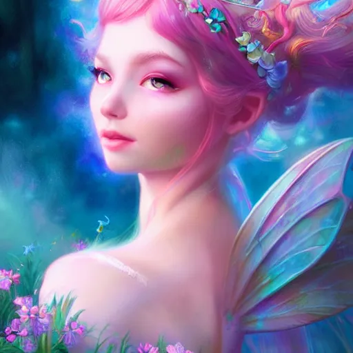 Image similar to enchanted fairy princess, detailed matte fantasy painting, warm morning light, character art portrait, deviantart artstation, by artgerm, by ross tran, by lisa frank