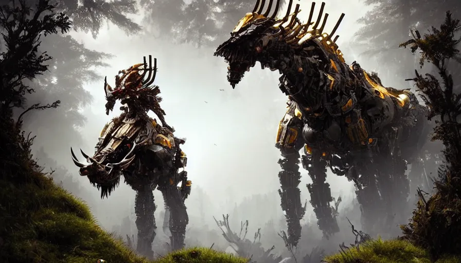 Image similar to walking animal mech covered in gold and silver armor with horizon zero dawn and elden ring aesthetic, covered in moss and birds, glowing lights, beautiful forests and trees, intricate detail, cinematic, dramatic lighting, art by darek zabrocki and John Park and Feng Zhu and Jason Chan, trending on artstation, masterpiece.